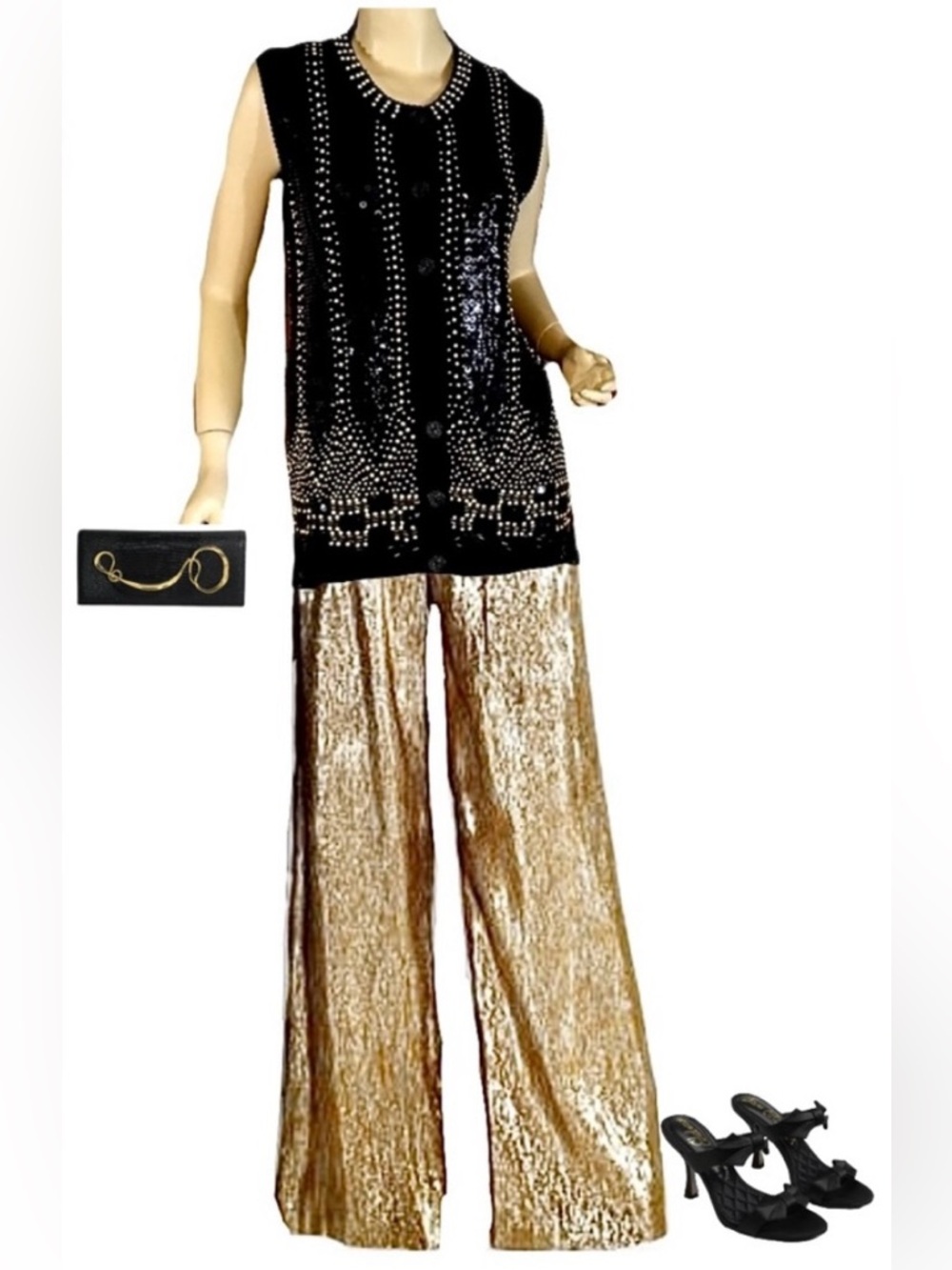 VINTAGE CIRCA 90'S WESTERN CONNECTION BLACK & GOLD SEQUIN KNIT SWEATER VEST (S)